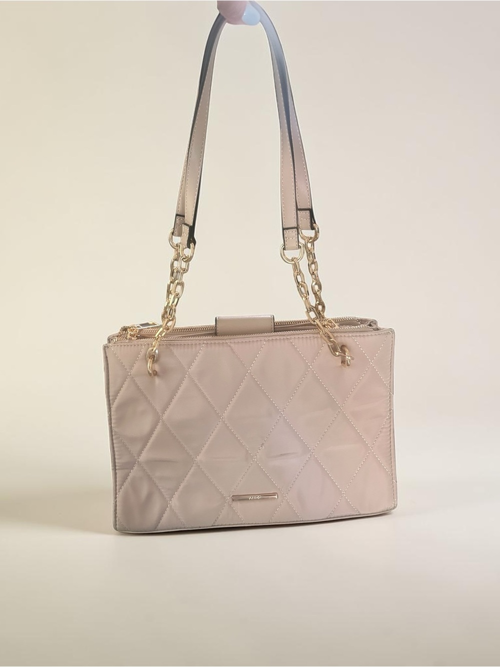 Aldo Quilted Shoulder Bag with Gold Chain Straps in Light Beige